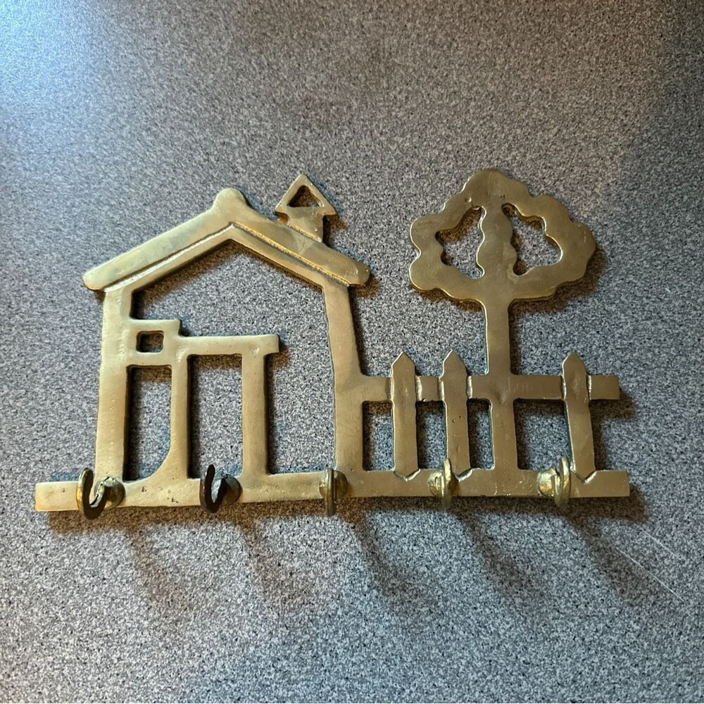 Vintage House Shaped Wall Mount 5 Key Holder Solid Brass Patina
